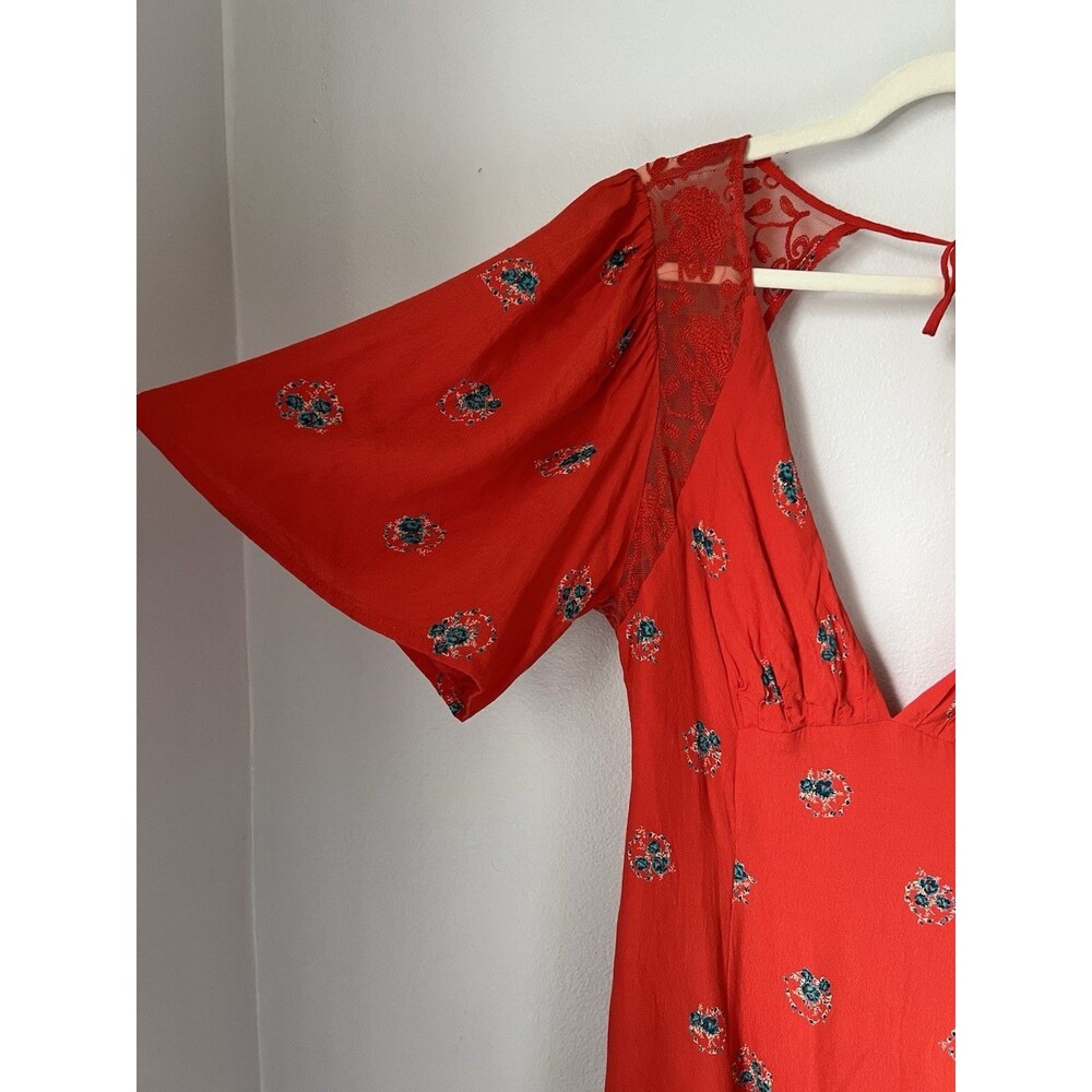 Free People Mockingbird Dress 6 Backless Mini Orange Red Lace Flirty Floral Boho - Picture 4 of 16